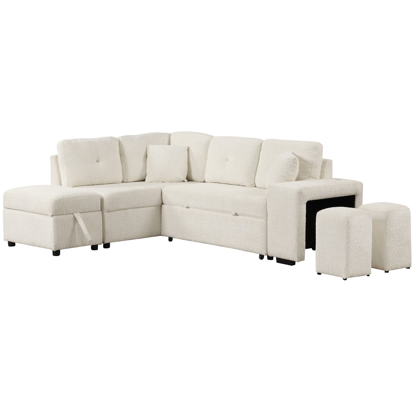 Convertible Sleeper, Sectional Pull Out Sofa Bed With Storage Ottoman, 2 Throw Pillows, 2 Stools, Wireless Charger And Two Hidden USB Ports For Living Room - Cream