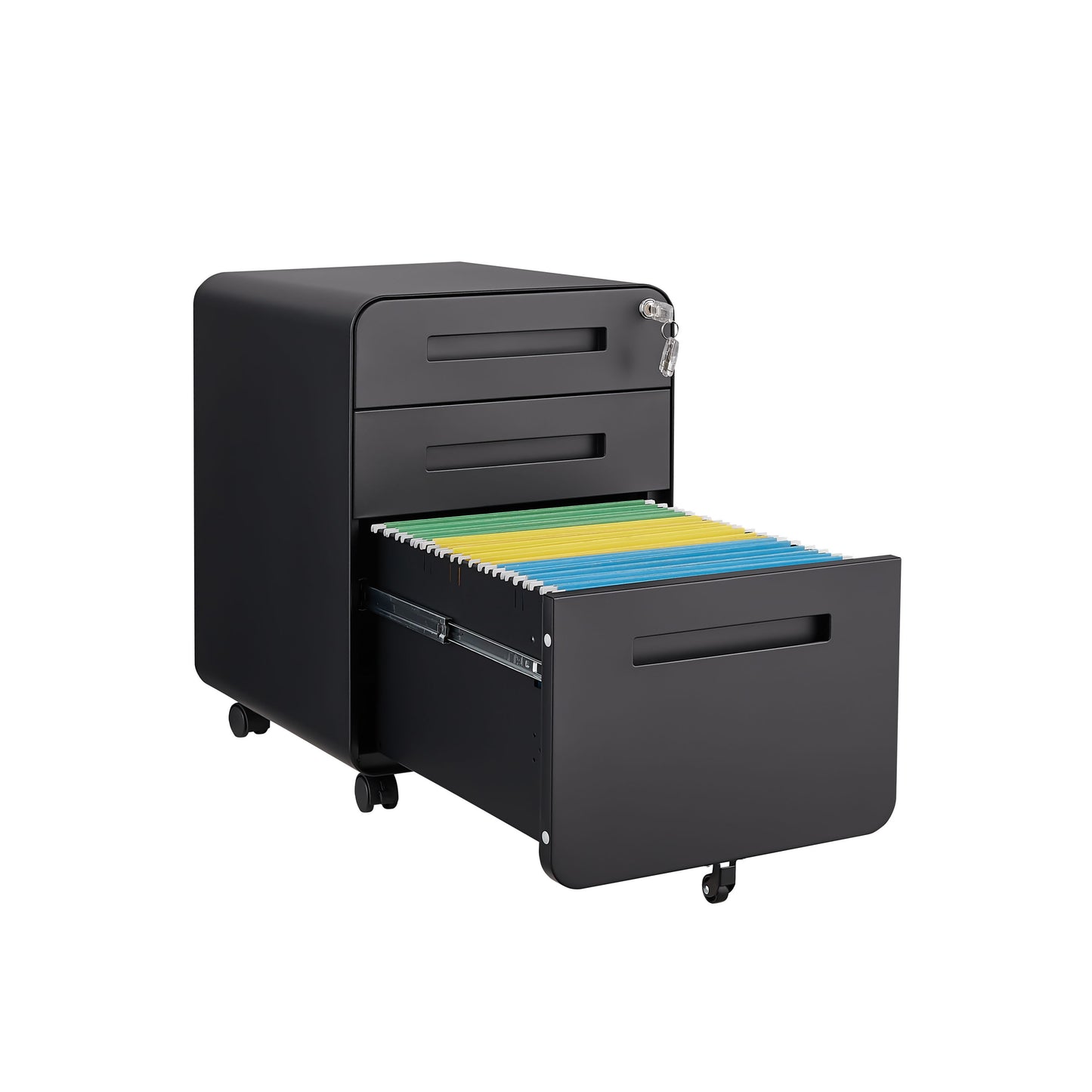 3 Drawer Mobile File Cabinet Under Desk Office, Simple Style Versatile Storage Cabinet For Legal / Letter / A4 Files, 5 Wheel Design Anti-Tilting Cold Rolled Steel Waterproof Moisture-Proof - Black