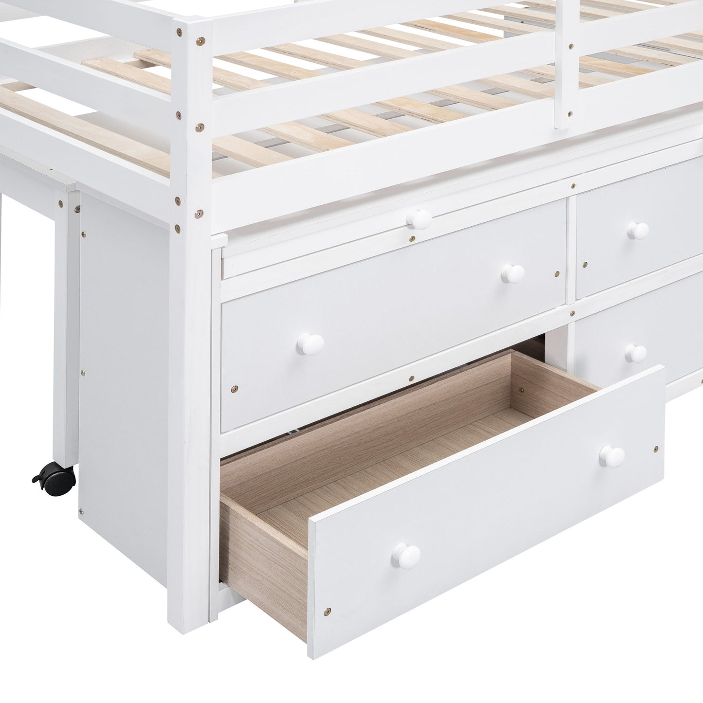Twin Size Loft Bed With Retractable Writing Desk And 4 Drawers, With Lateral Portable Desk And Shelves - White