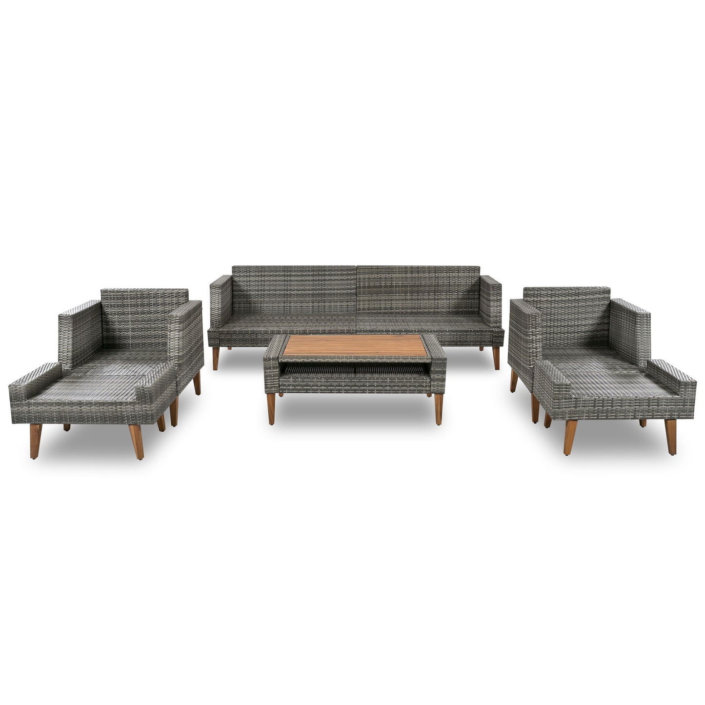 6 Pieces All Weather Sofa Set, Outdoor Rattan Sofa With Double Cushions, Wood Legs Wood Table Top - Beige / Gray