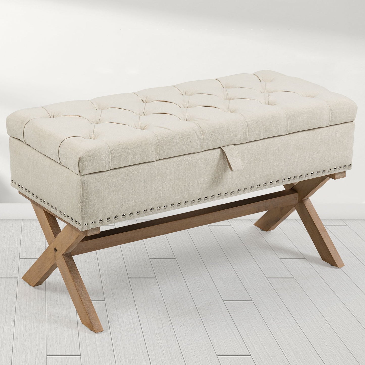 Storage Ottoman, Button-Tufted Ottoman Linen Storage Bench, Ottoman With Storage - Light Beige