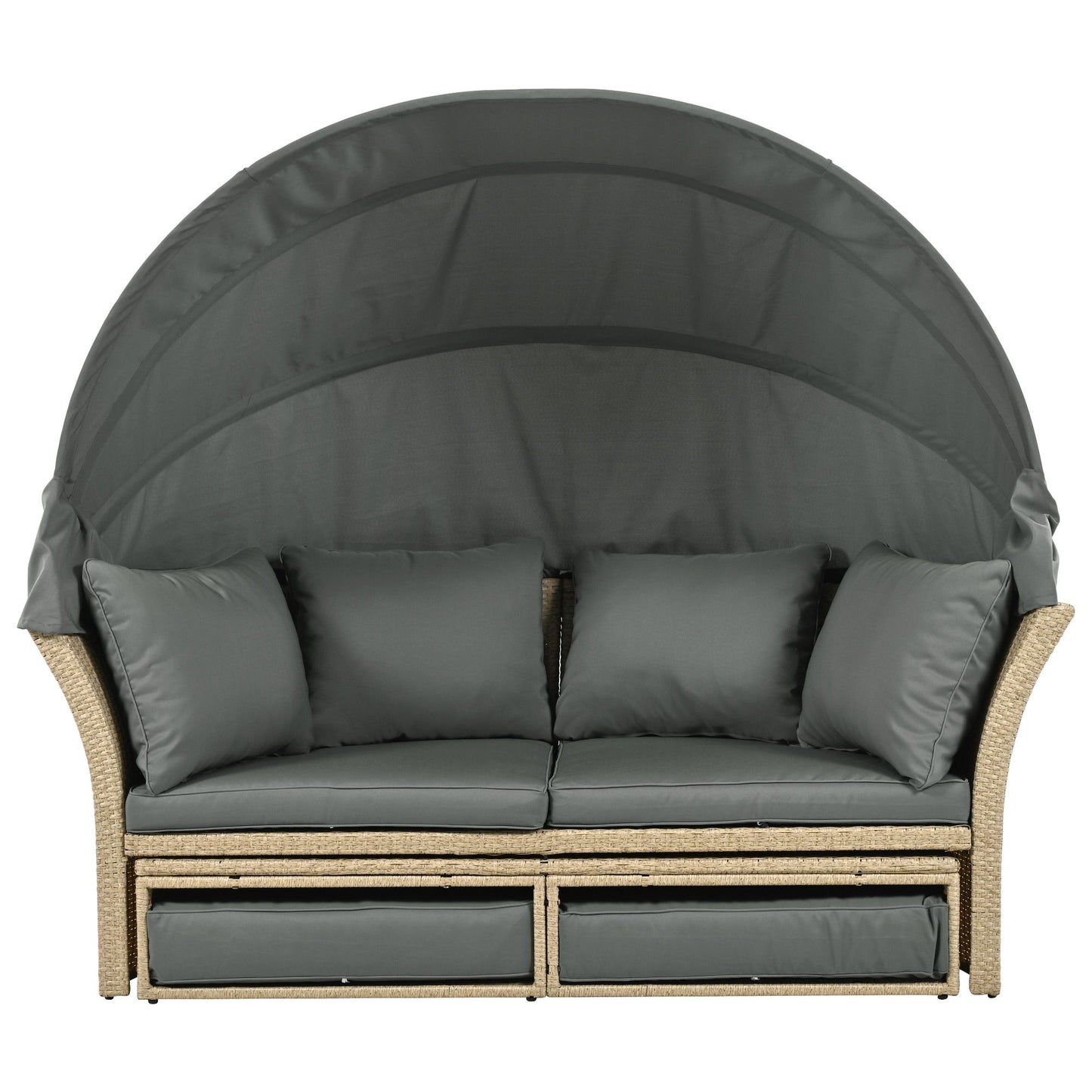 Outdoor Patio Daybed Wicker Rattan Double Daybed Round Sofa Furniture Set With Retractable Canopy, 4 Pillows For Lawn Garden Backyard Porch Pool - Gray