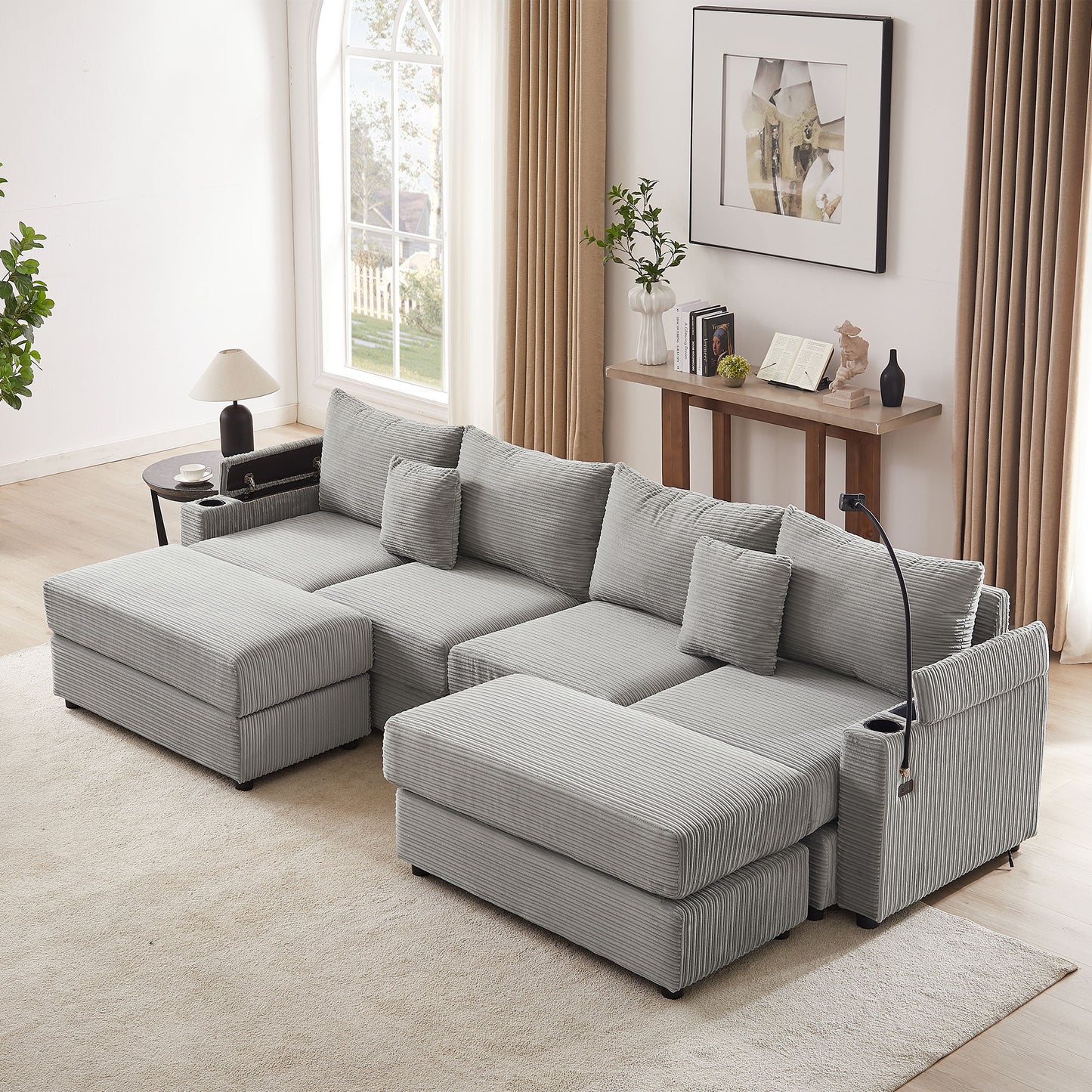 Modern Style 4 - Seater Sofa Sectional Sofa Couch With Storage Space, Two Movable Ottomans, Two USB Ports, Two Cup Holders, A Phone Holder For Living Room - Gray