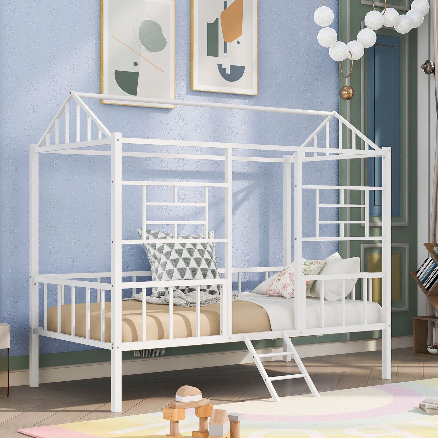 House Bed Frame Twin Size With Slatted Support No Box Spring Needed - White