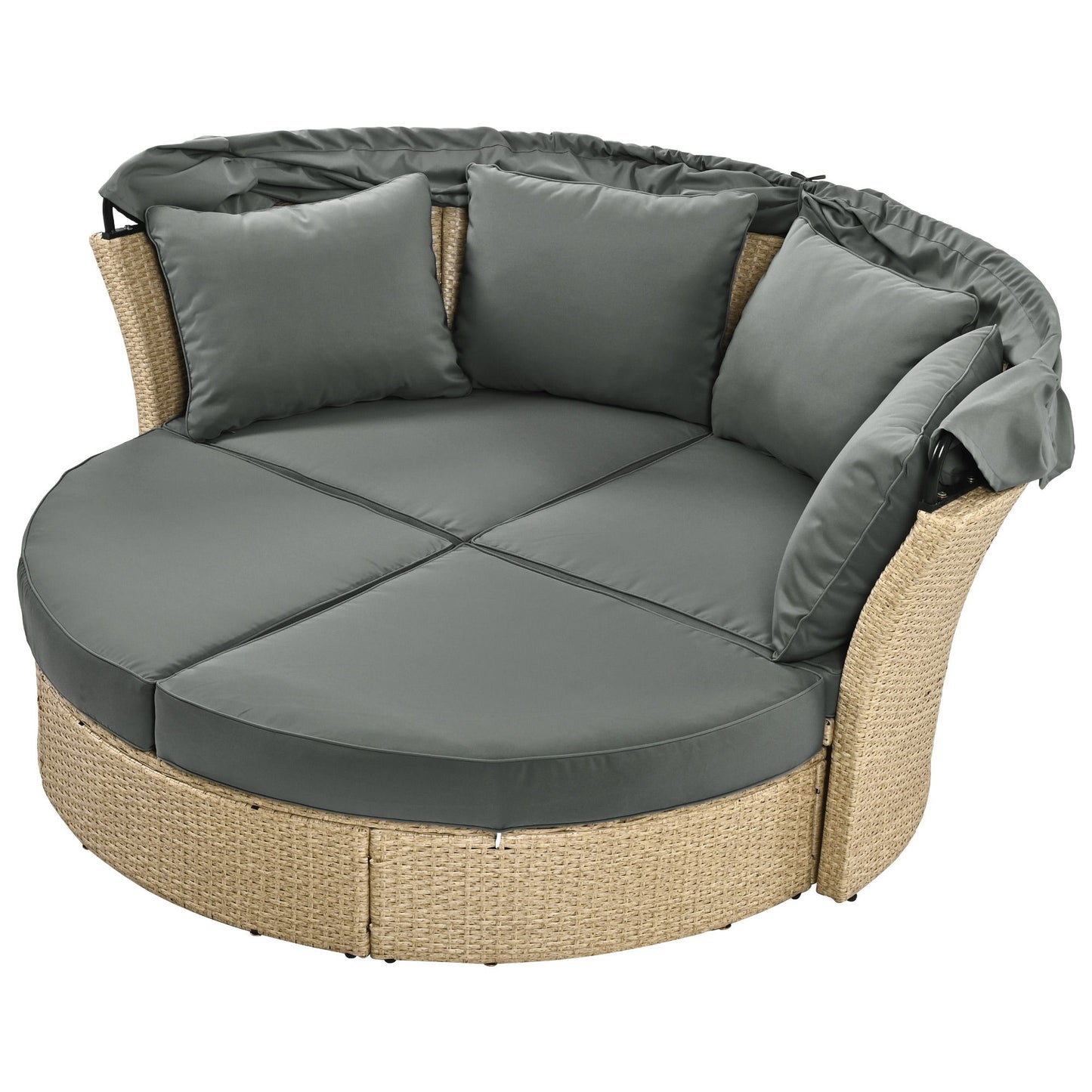 Outdoor Patio Daybed Wicker Rattan Double Daybed Round Sofa Furniture Set With Retractable Canopy, 4 Pillows For Lawn Garden Backyard Porch Pool - Gray