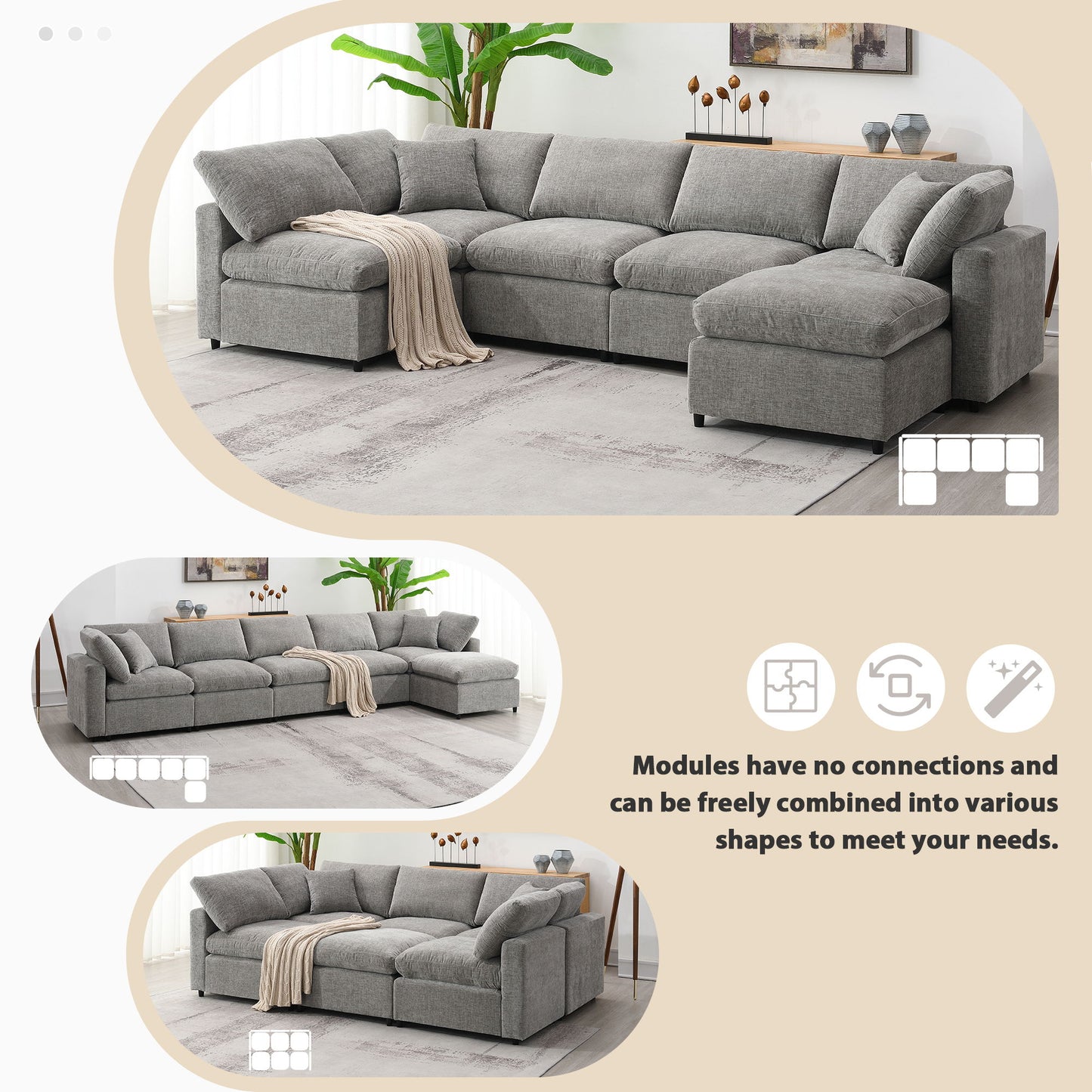Modern Modular Cloud Sofa Bed, 6 Seat Chenille Sectional Couch Set With Ottoman, Free Combination, Convertible U Shaped Sleeper Sofa - Gray