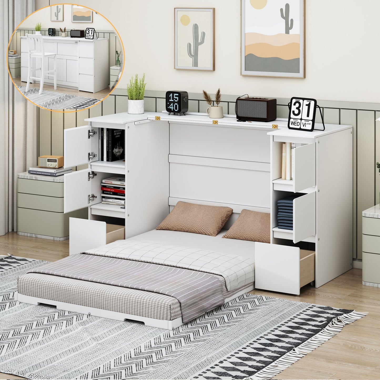 Twin Size Murphy Bed With Drawers, Cabinets, And USB Ports - White