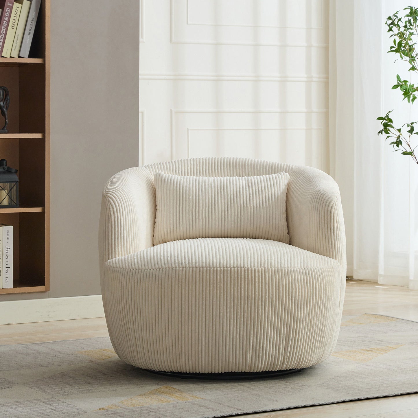 Upholstered Metal Base 360 Degree Swivel Barrel Soft Chair With Pillow, For Club, Living Room, Bedroom, Office As Well As Reading Armchair - Ivory