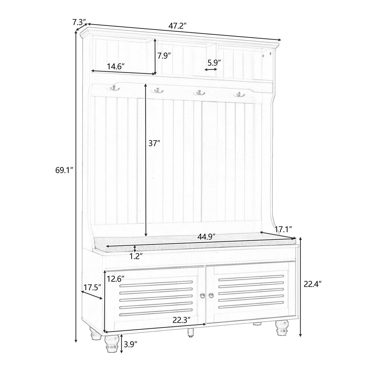 5 In 1 Entryway Bench With Shutter - Shaped Doors, Coat Rack, Cushion And 4 Sturdy Hooks, Wide Hall Tree With Storage Bench For Hallway, Entryway, Living Room - White
