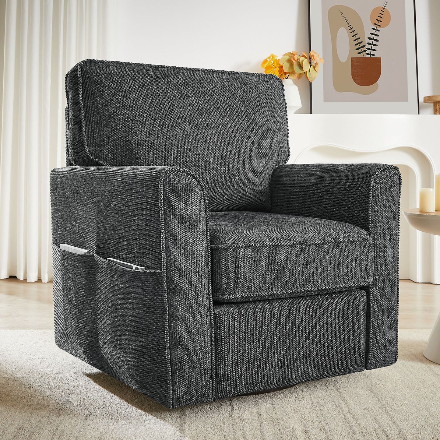 360 Degree Swivel Chair Accent Barrel Armchair With Side Pockets, Compact Design For Living Room, Bedroom, Office - Gray