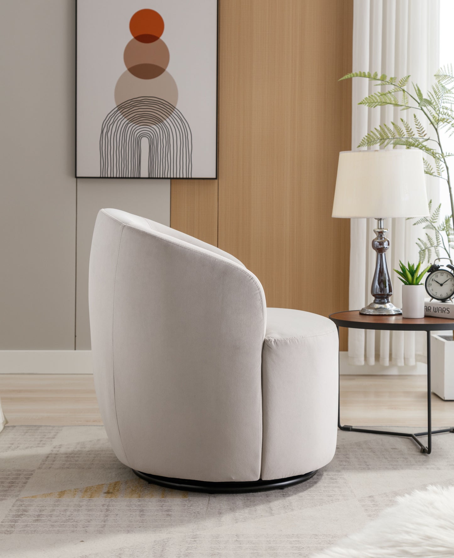 Velvet Fabric Swivel Accent Armchair Barrel Chair With Black Powder Coating Metal Ring - Gray