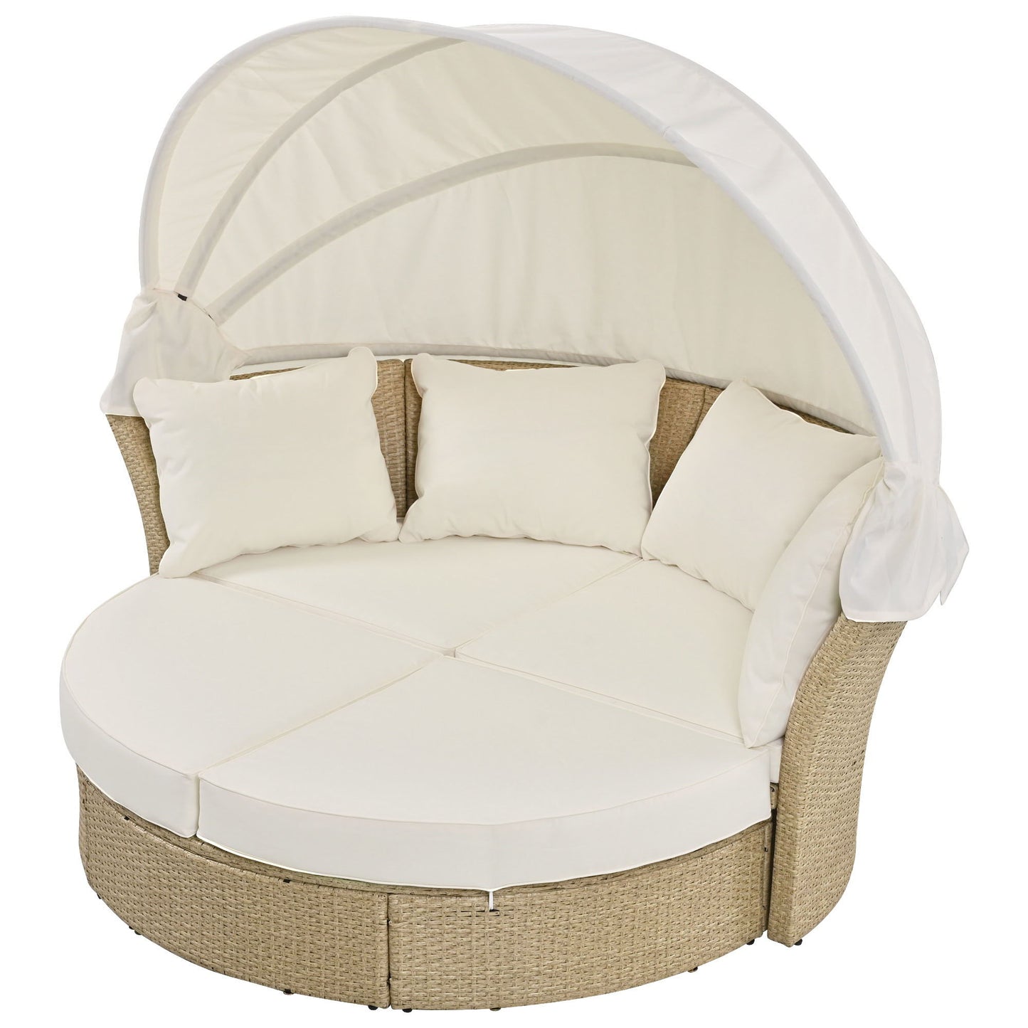Outdoor Patio Daybed Wicker Rattan Double Daybed Round Sofa Furniture Set With Retractable Canopy, 4 Pillows For Lawn Garden Backyard Porch Pool - Beige