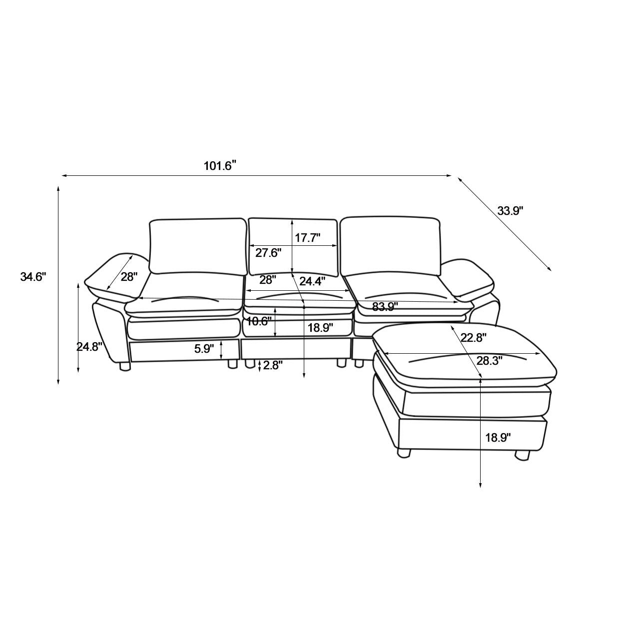Modern Deep 3 Seat Sofa Couch With Ottoman, Polyester Sofa Sleeper Comfy Upholstered Furniture For Living Room - Yellow