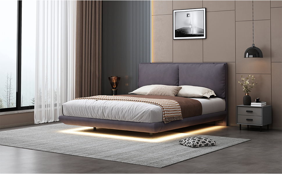 Queen Size Upholstered Platform Bed With Sensor Light And 2 Large Backrests, Stylish Platform Bed With 2 Sets Of USB Port And Socket On Each Rear Bed Leg - Gray