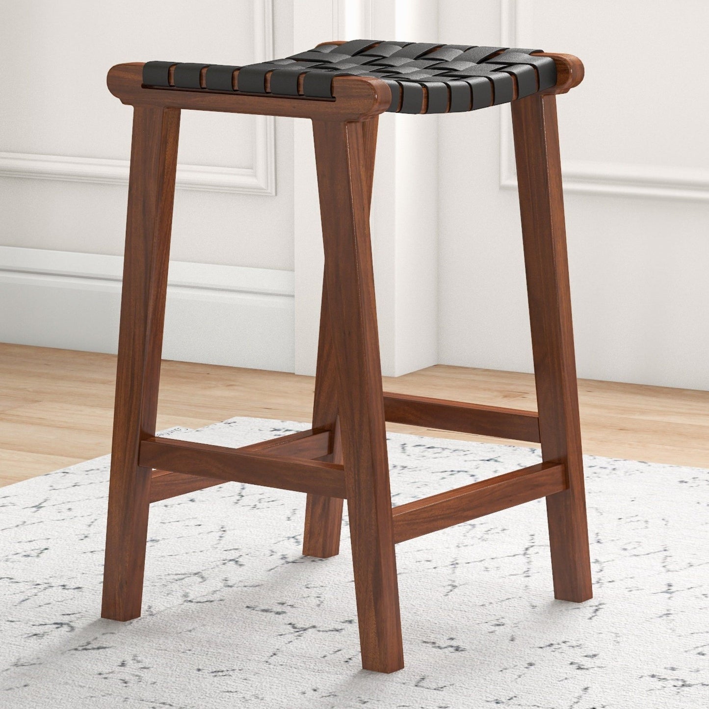 James - Mid-Century Modern Genuine Leather Counter Stool - Black / Brown