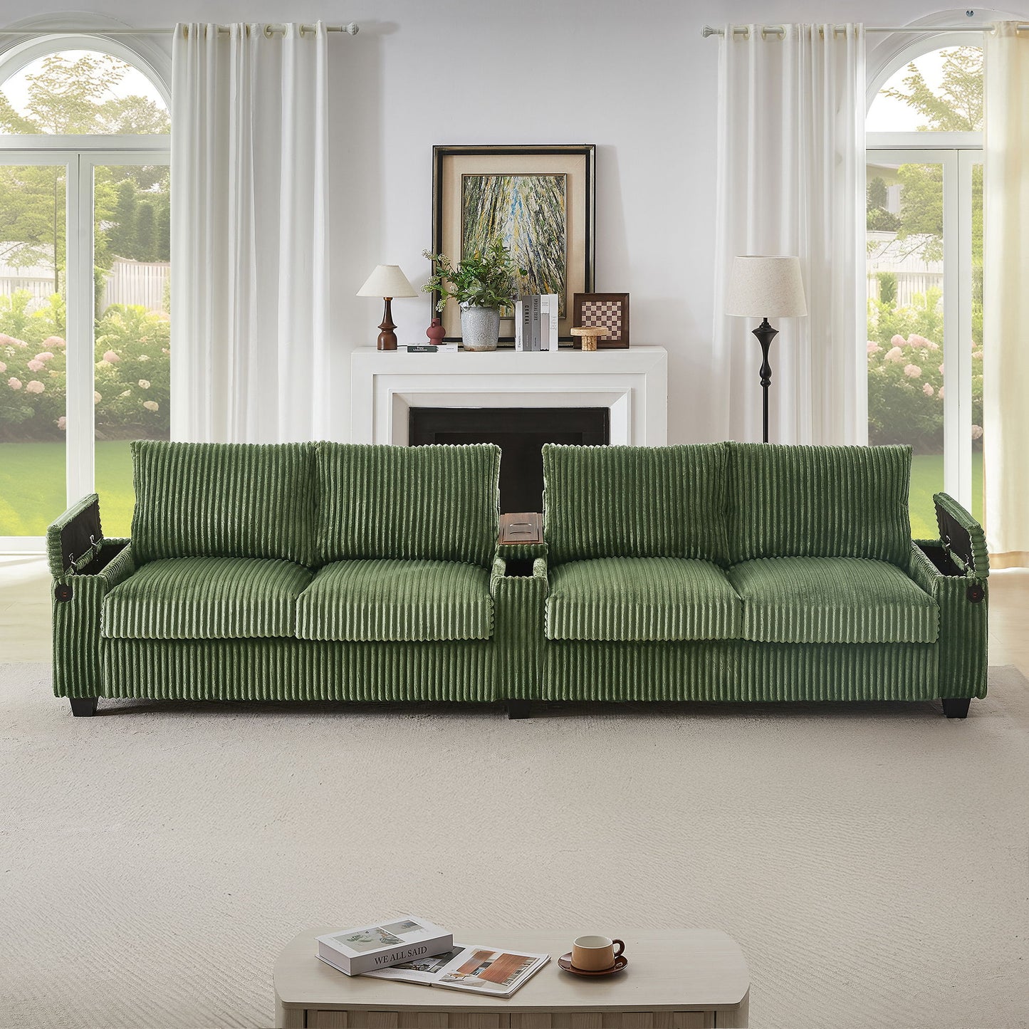 Modern 4 Seater Corduroy Sofa With USB Ports, Hidden Storage Arms, Flip Top Cup Holders - Green
