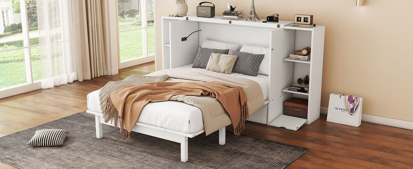 Full Size Murphy Bed With Shelves, Drawers And USB Ports - White