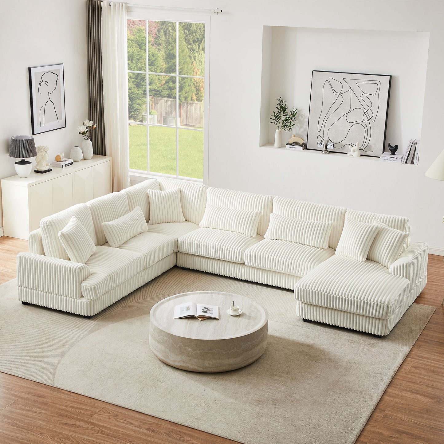 Oversized Sectional Sofa U - Shaped Sofa Couch Modern Sofa Upholstered In Soft Corduroy With A Chaise Lounge For Living Room - Beige