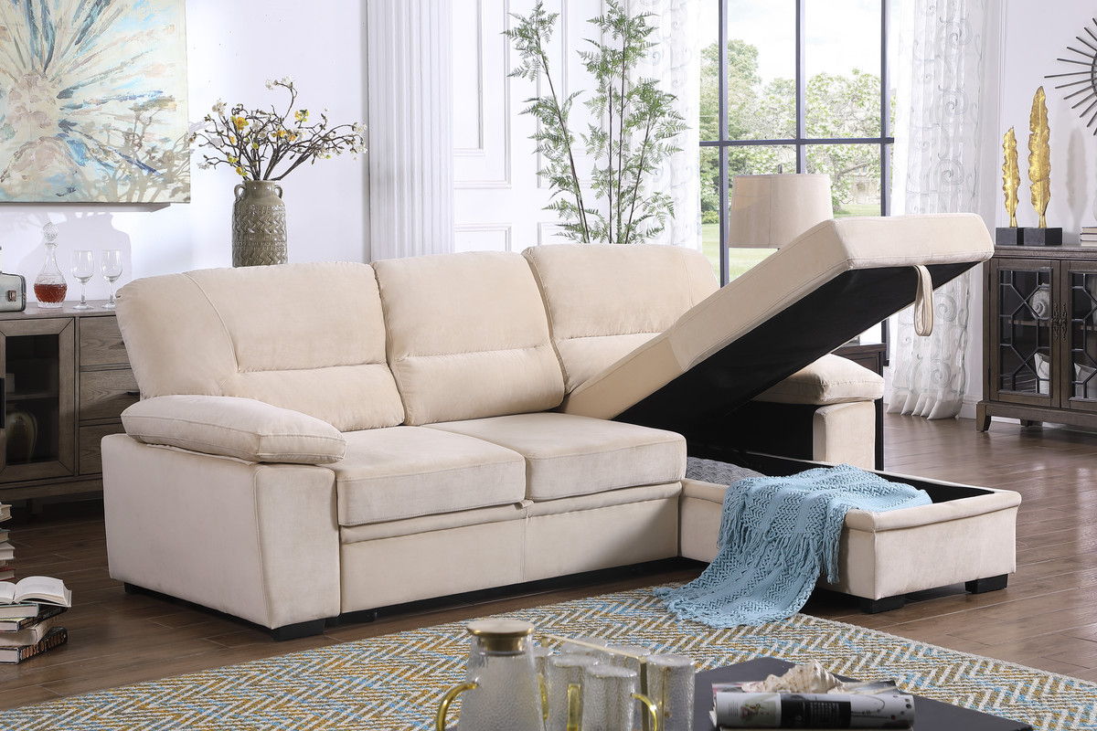 Kipling - Velvet Fabric Reversible Sleeper Sectional Sofa Chaise - Beige