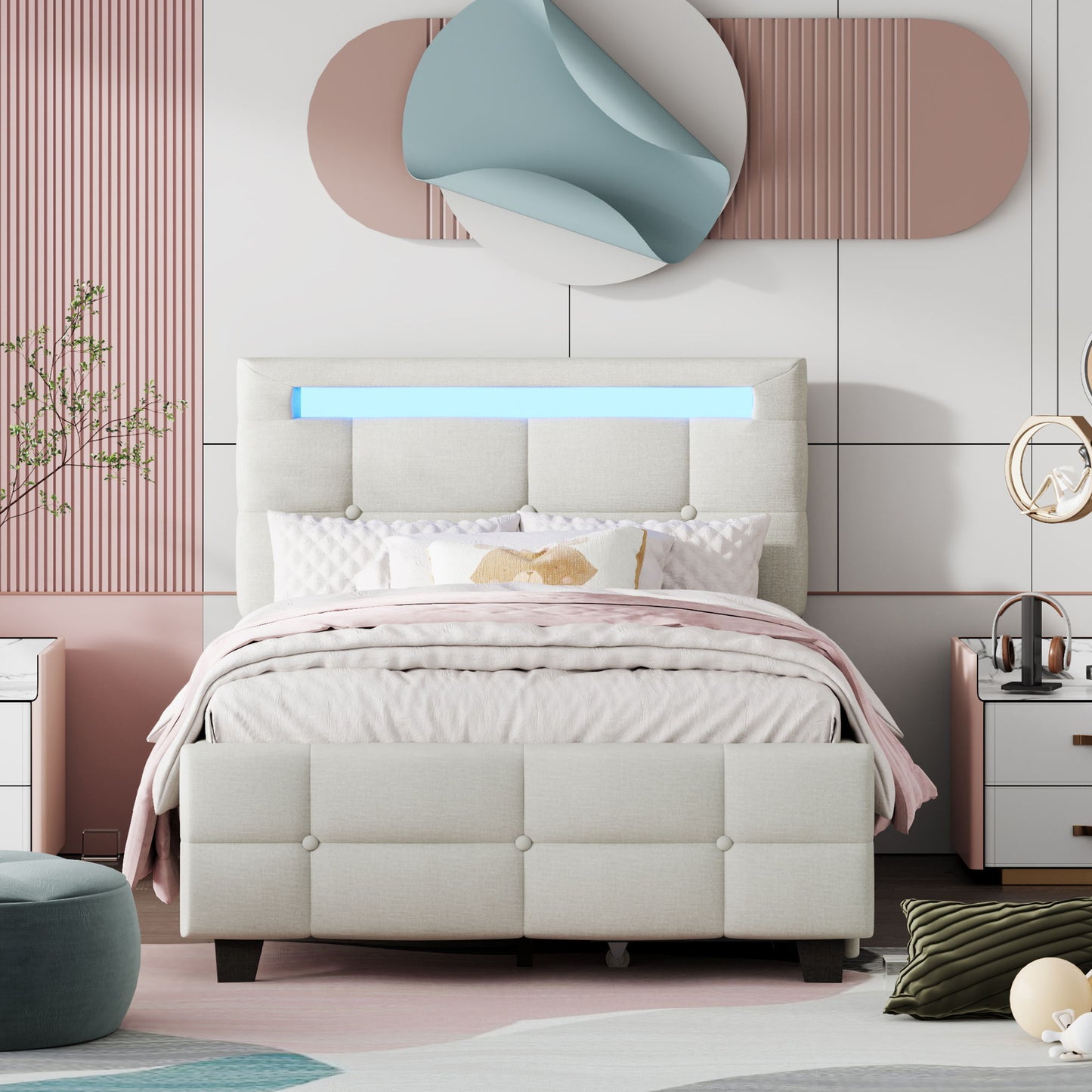 Twin Size Upholstered Platform Bed With LED Frame And 2 Drawers - Beige