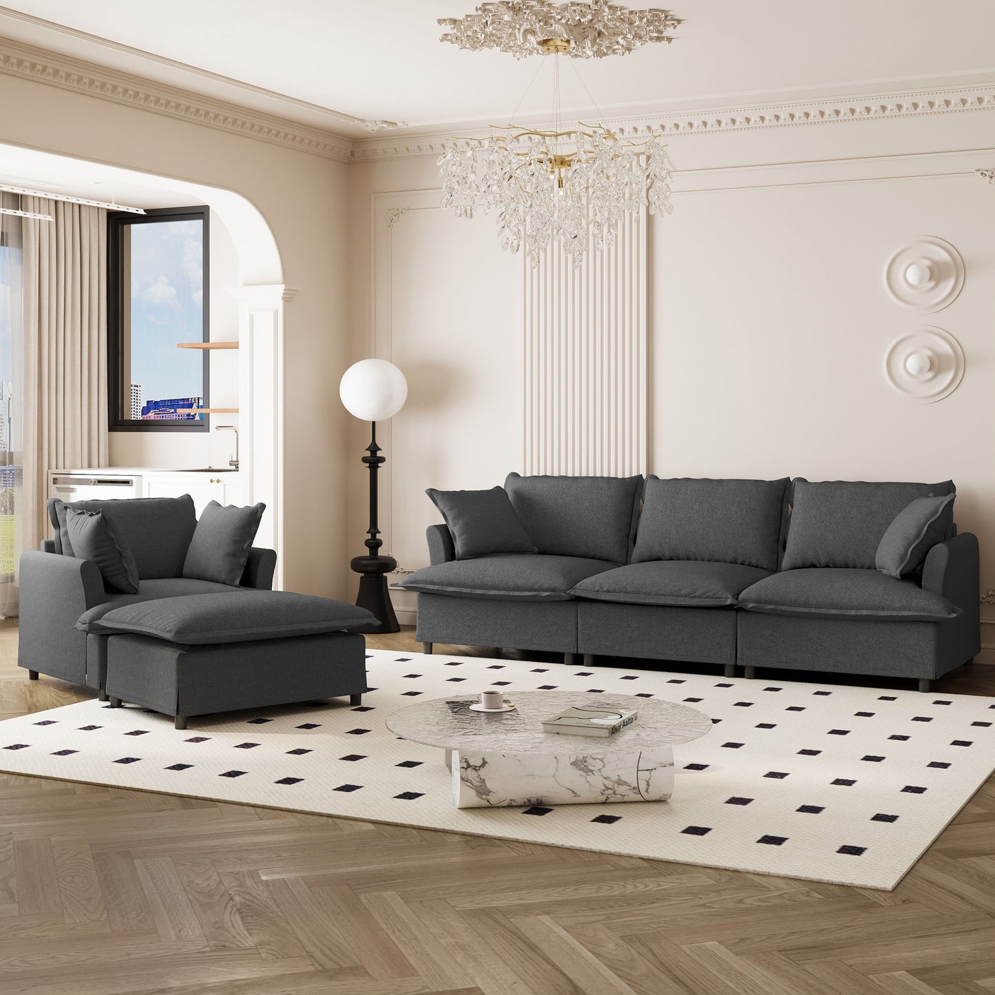 3 Piece Living Room Set Modular L Shaped Sectional Couch Upholstered, 3 Seater Sofa & Armchair & Movable Ottoman 5 Seat - Gray