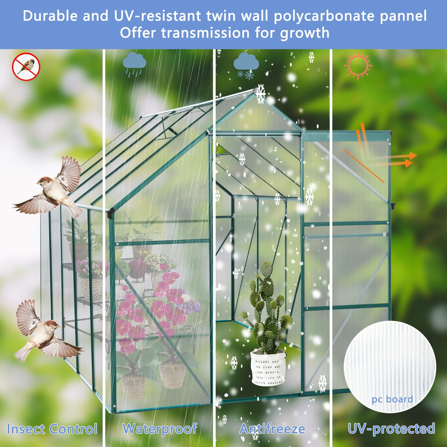 6X10Ft Polycarbonate Greenhouse Raised Base And Anchor Aluminum Heavy Duty Walk-In Greenhouses For Outdoor Backyard In All Season - Green