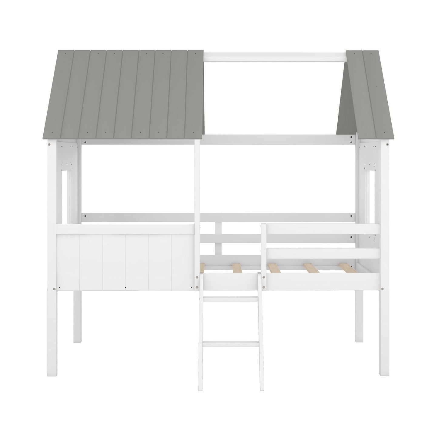 Twin Size Low Loft House Bed With Two Side Windows - White / Gray