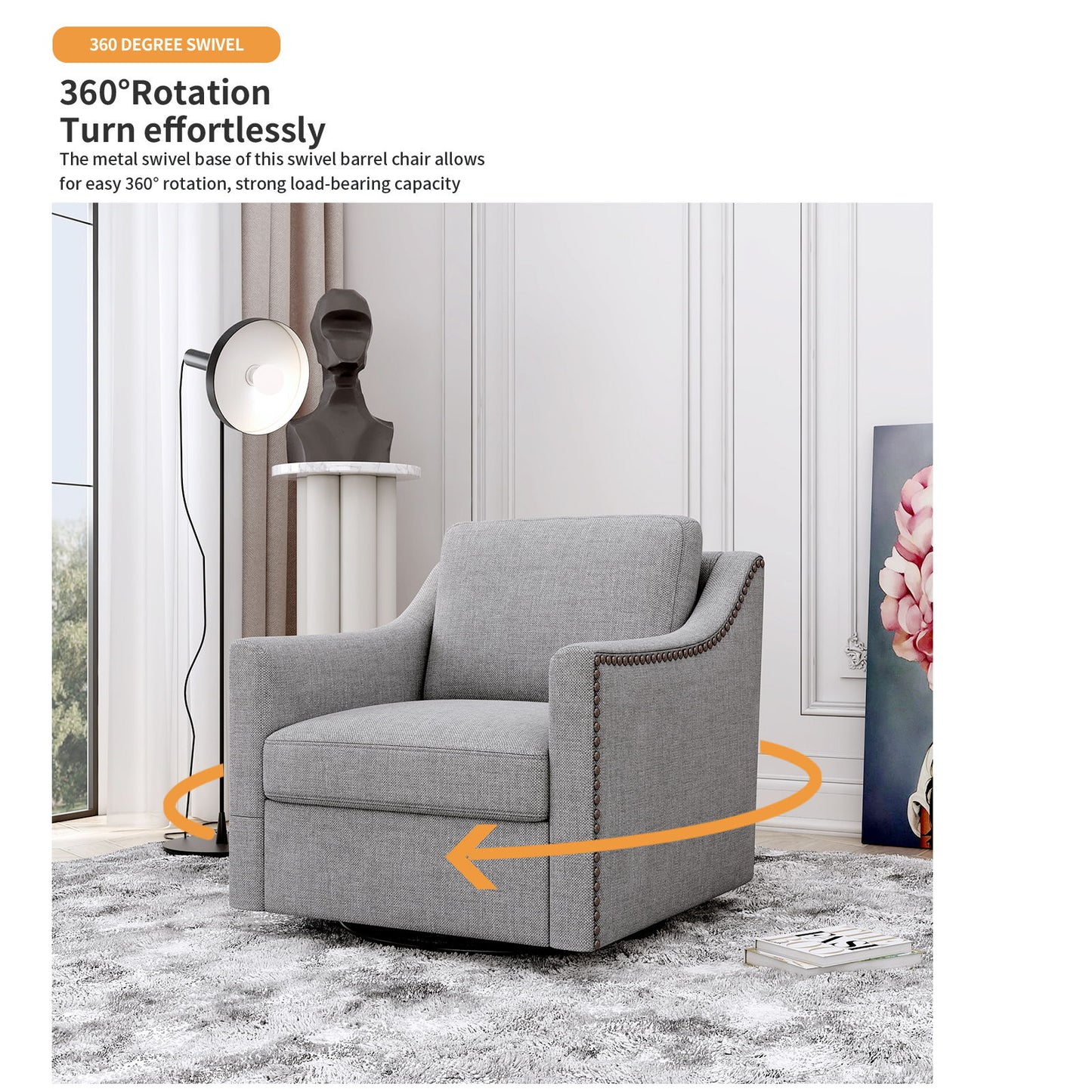 360 Degree Swivel Armchair Cotton Linen Skin - Friendly Fabric Ergonomic Design Brass Nail Decorative Armchair Living Room Chairs Bedroom Chairs Living Room Chairs Black Legs Suitable For Indoor Homes - Gray