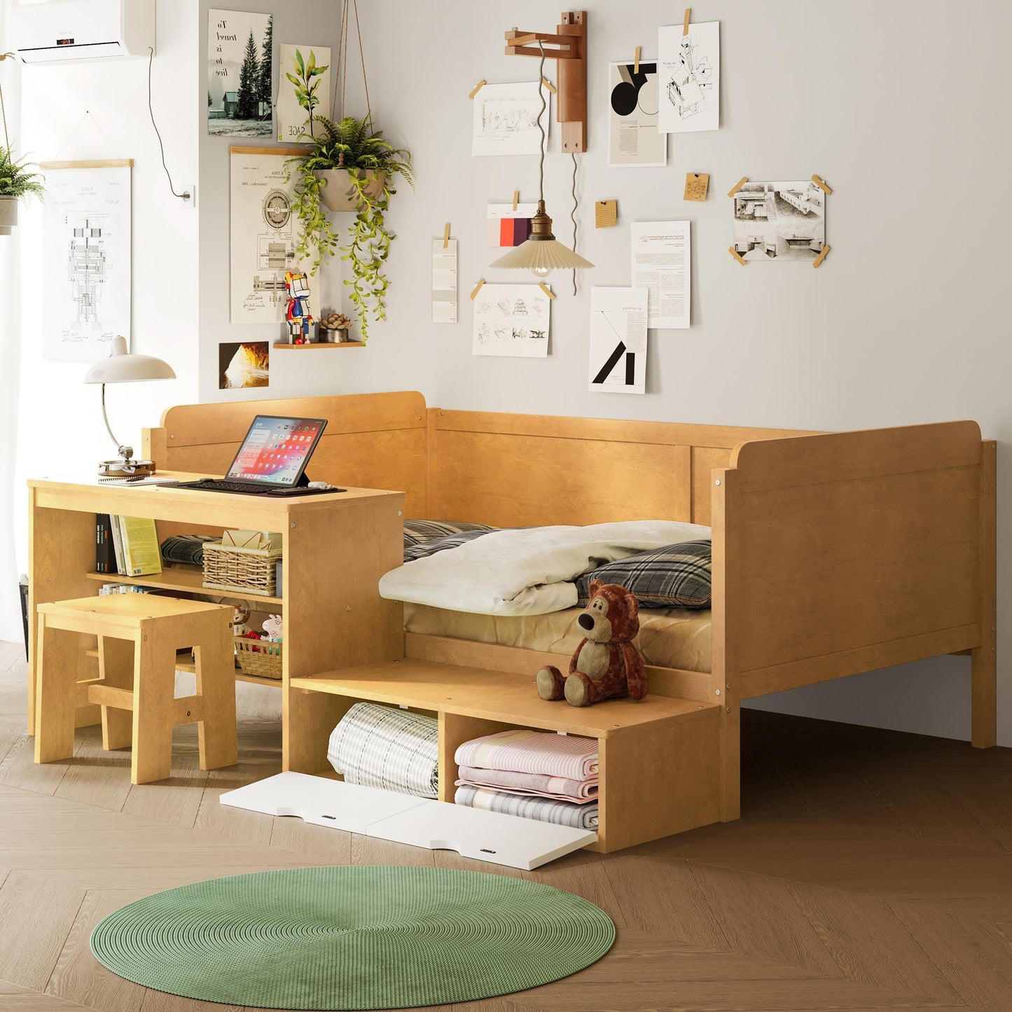 Twin Size Daybed With Storage Shelves And Lockers, Multi Functional Bed With Study Desk And Matching Stool - Natural