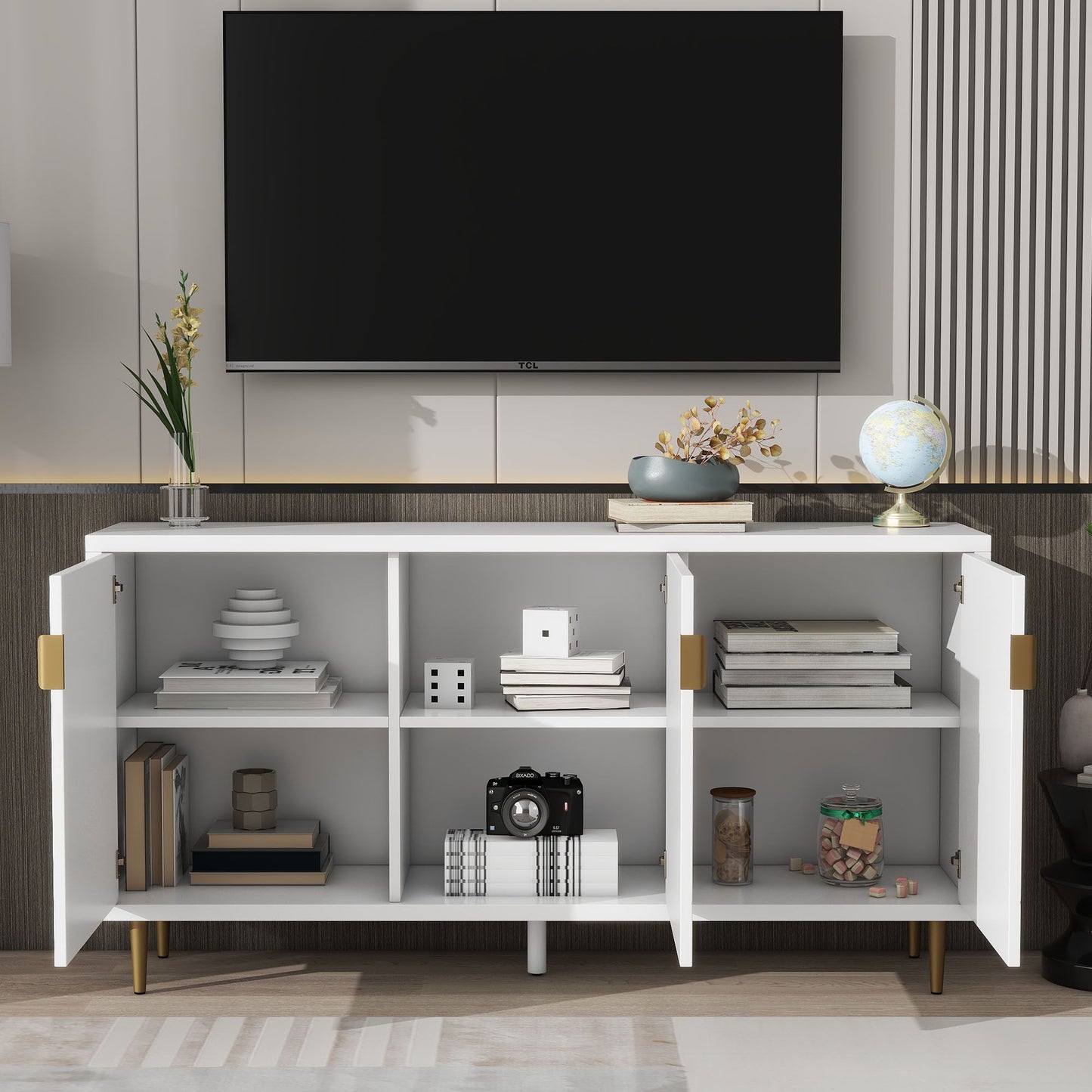 Modern TV Stand With 3 Doors And Adjustable Shelves For Living Room, Fits TVs Up To 70" - White