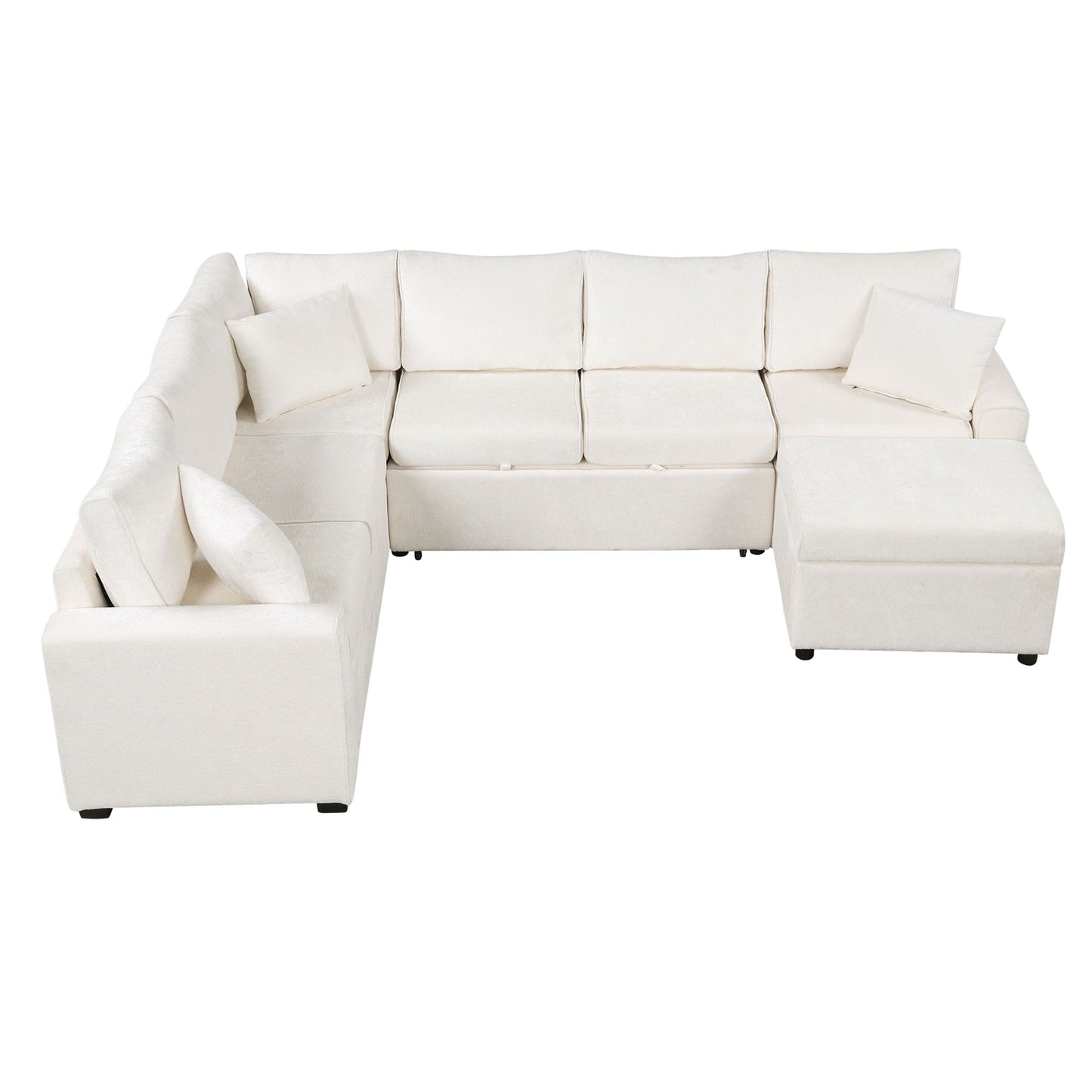 Sectional Sofa Pull-Out Sofa Bed Sleeper With A Storage Ottoman, Three Pillows And Charging Devices For Living Room - Cream