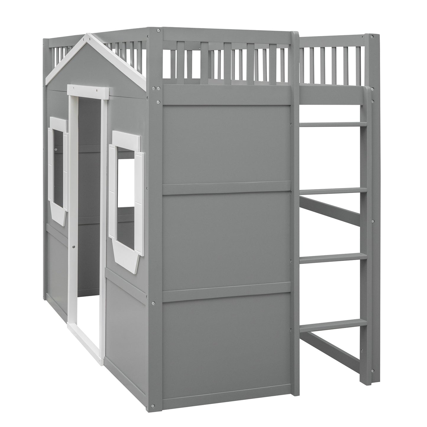 Twin Size House Loft Bed With Ladder - Gray / White
