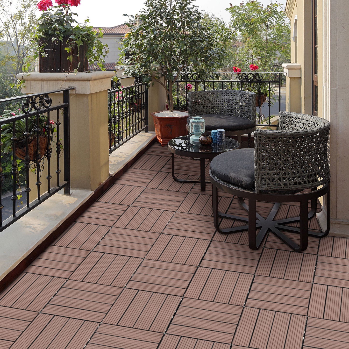 Wood Plastic Composite Deck Tiles (Set of 20), Sustainable Composite Decking Resist Rust, Water, Weather, Easy To Diy & Maintain, Ideal For Patios, Balconies, Rooftops - Coffee