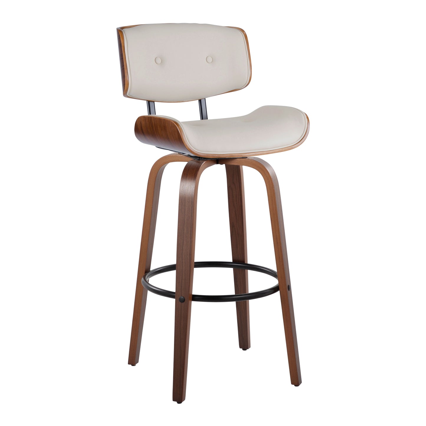 Lombardi - Mid-Century Modern Fixed Height Barstool With Swivel With Round Footrest (Set of 2) - Walnut / Cream