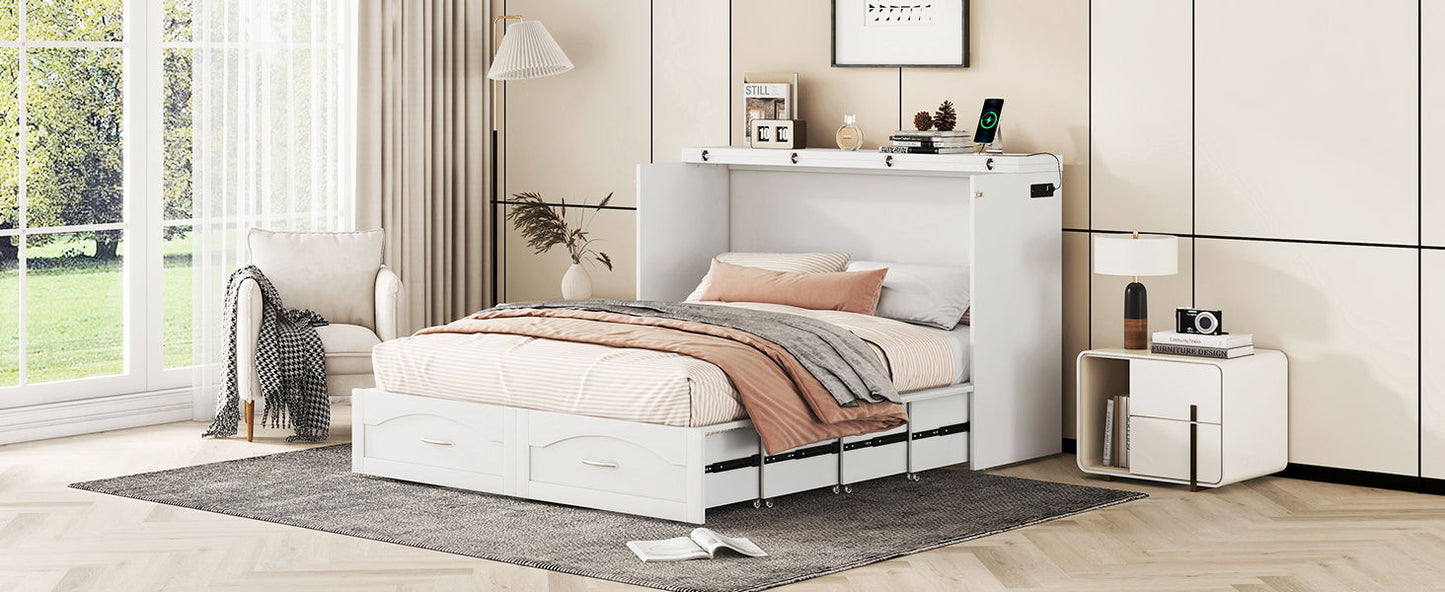 Queen Size Murphy Wall Bed With Drawer And A Set Of Sockets & USB Ports, Pulley Structure Design - White