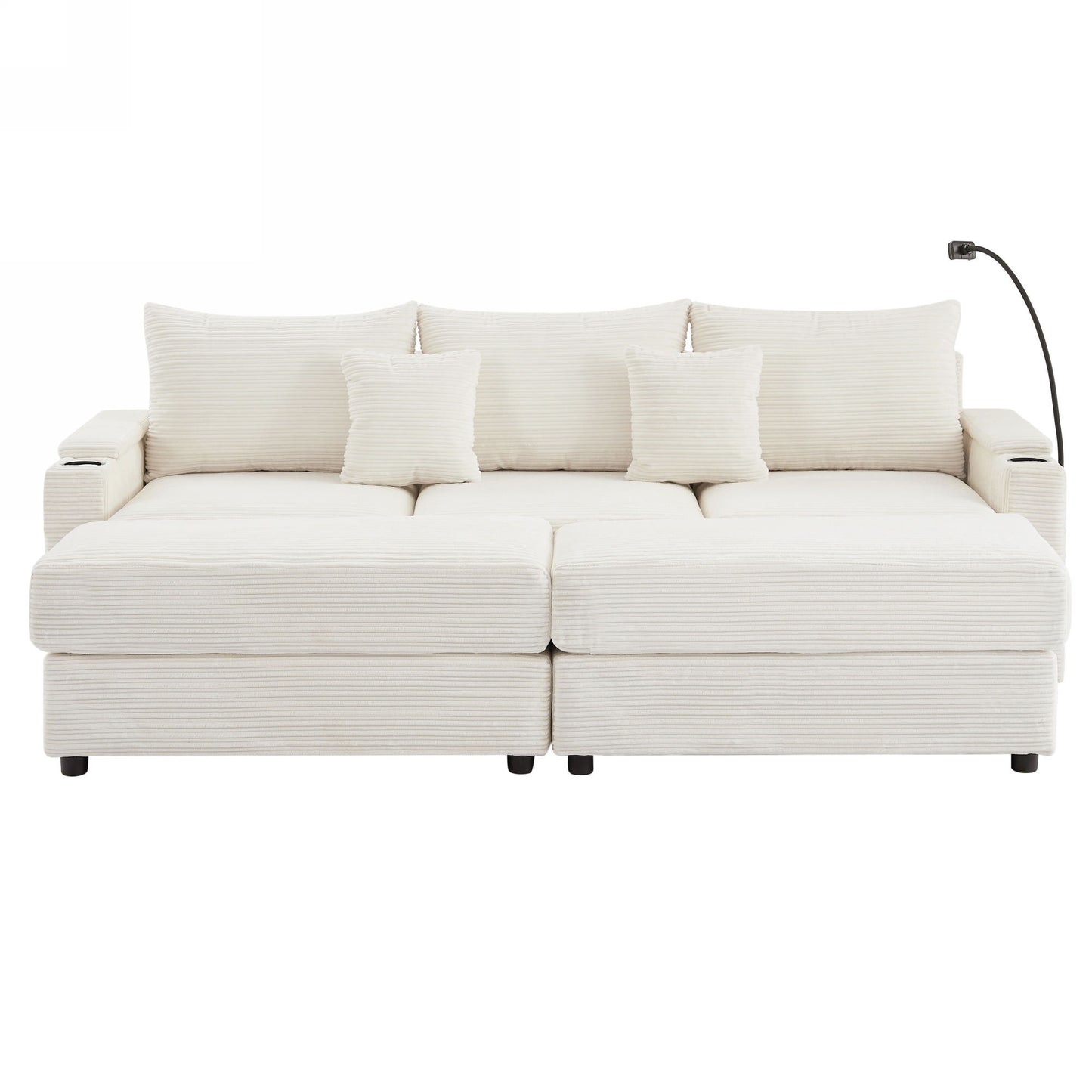 Modern Style 3 Seater Sofa Sectional Sofa Couch With Storage Space, Two Movable Ottomans, Two USB Ports, Two Cup Holders, A Phone Holder For Living Room - Beige