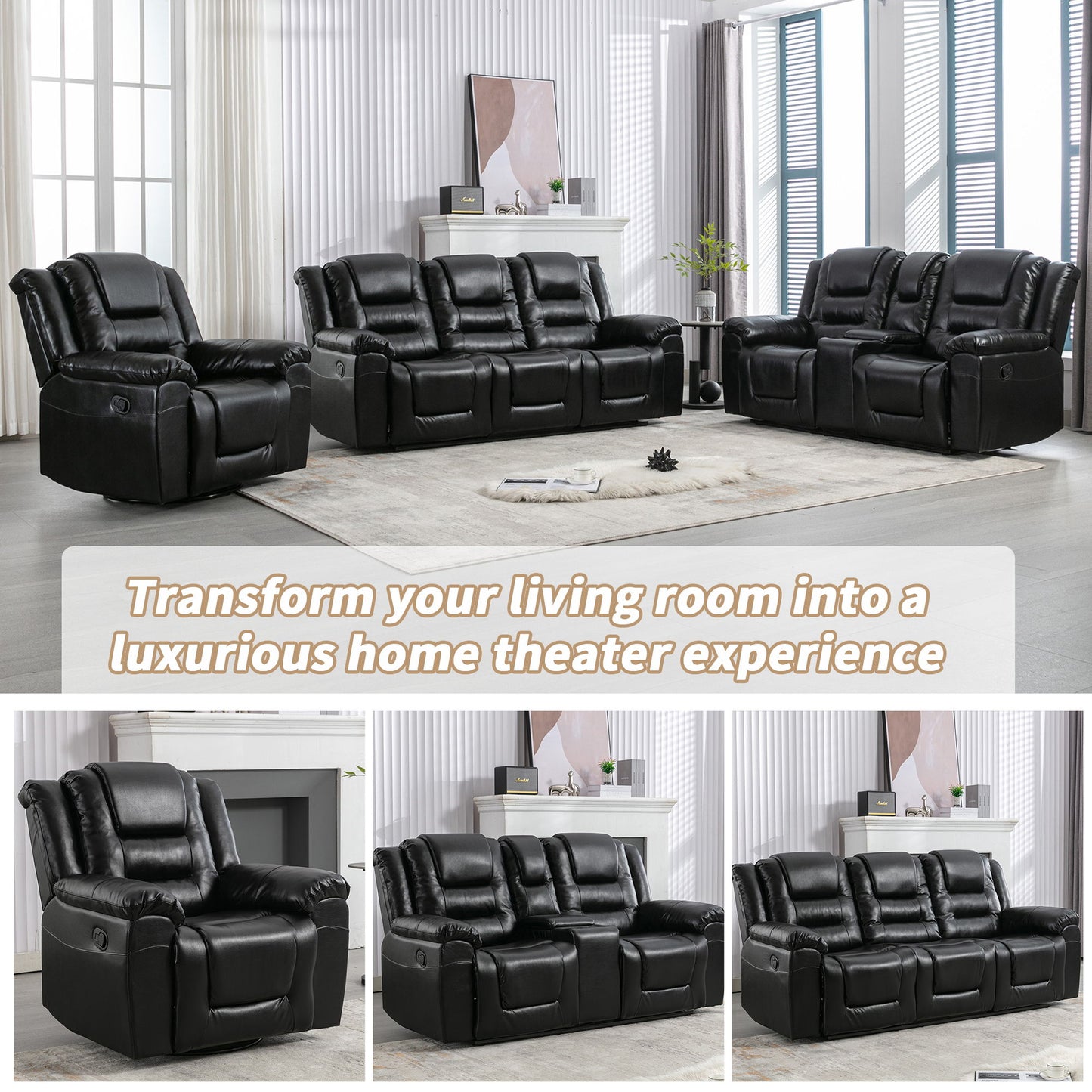 2 Seater Home Theater Recliner Manual Recliner Chair With A Storage Box And Two Cup Holders For Living Room - Black