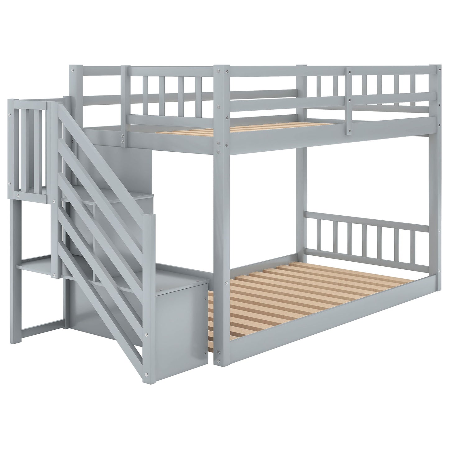 Twin Over Twin Floor Bunk Bed, Ladder With Storage - Gray