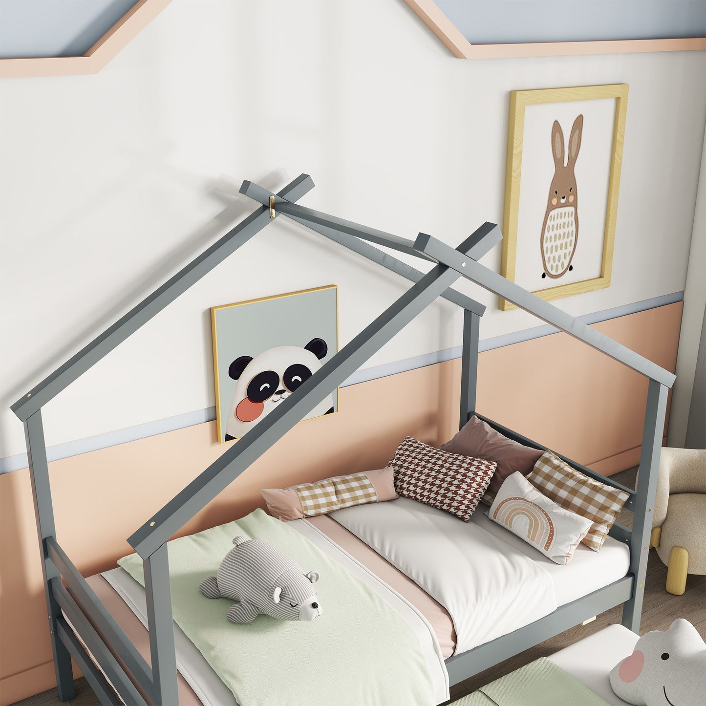 Twin Size House-Shaped Bed With Trundle - Gray