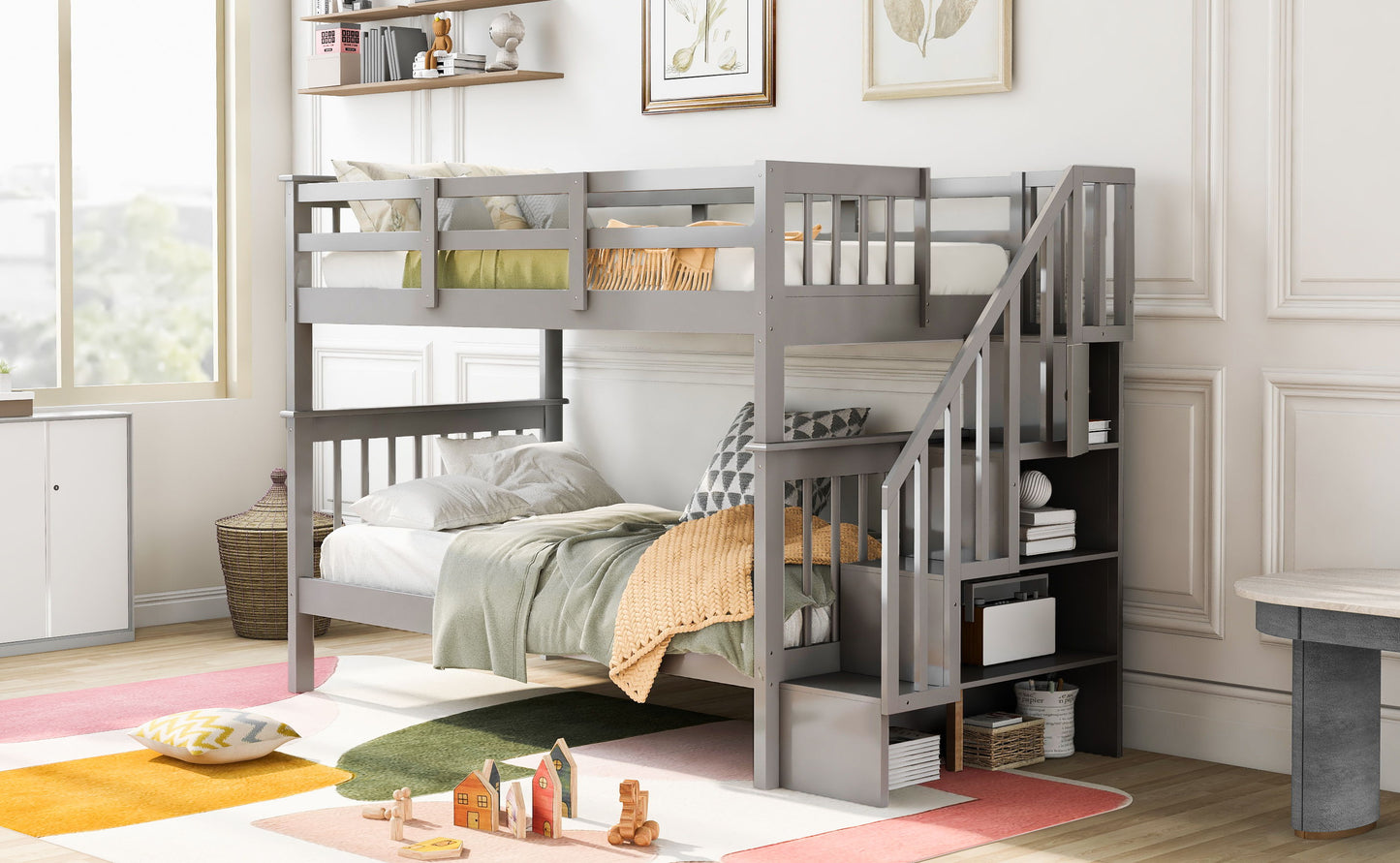 Stairway Twin Over Twin Bunk Bed With Storage And Guard Rail For Bedroom - Gray