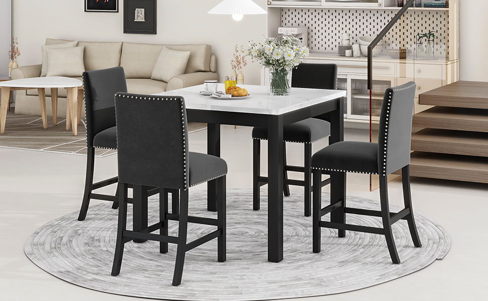 5-Piece Counter Height Dining Table Set With One Faux Marble Top Dining Table And Four Velvet Upholstered Chairs - Black