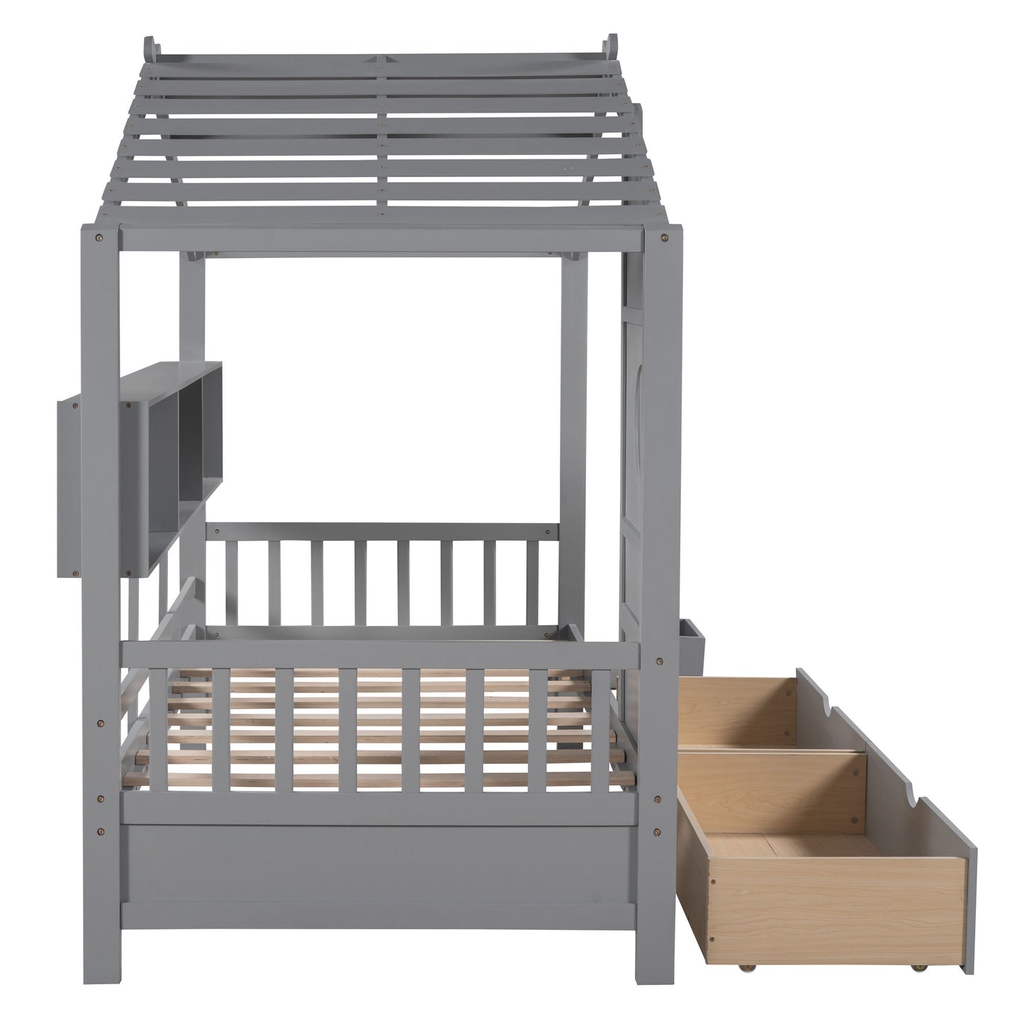 Twin Size House Bed With 2 Drawers, Kids Bed With Storage Shelf - Gray