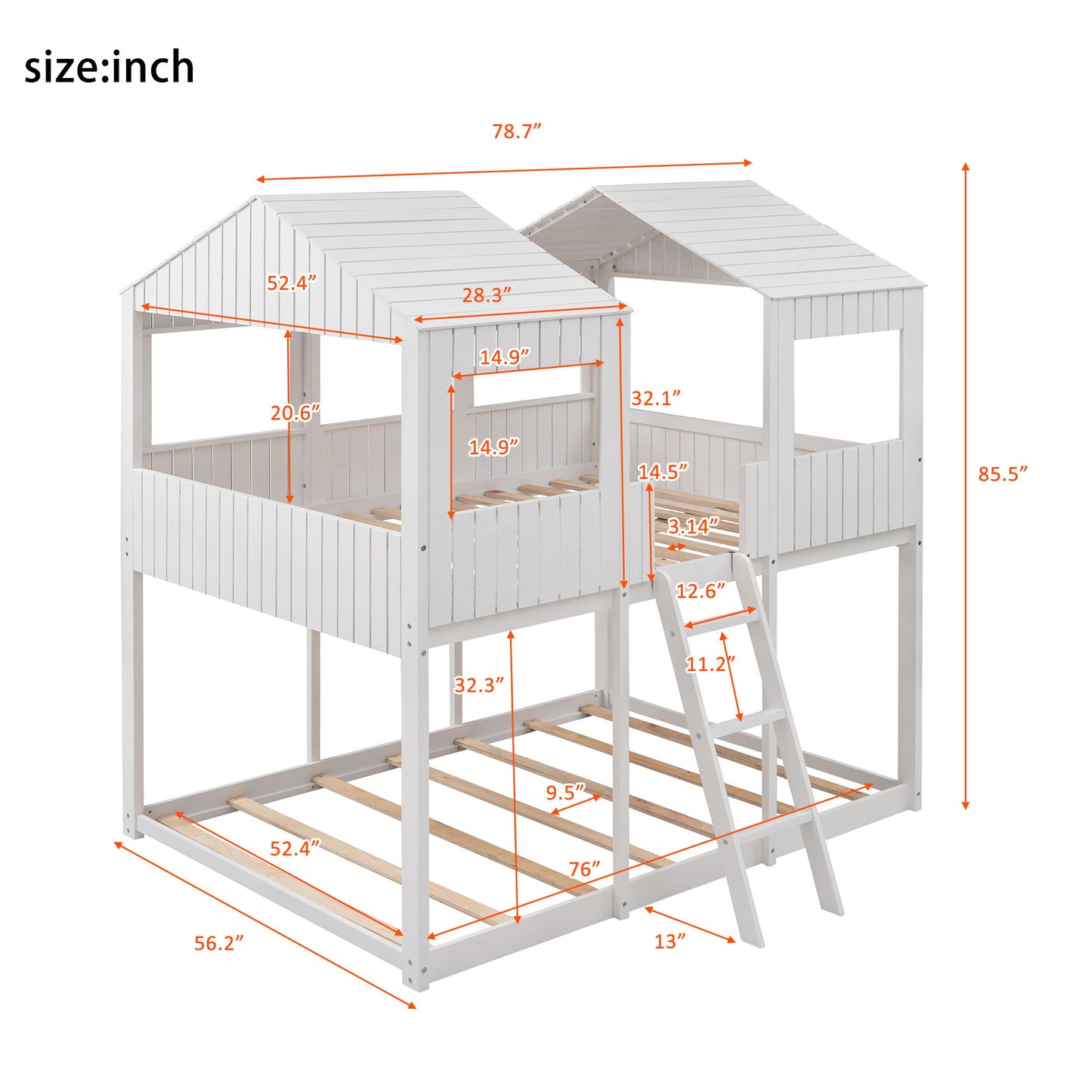 Full Over Full Bunk Bed With Roof, Window, Guardrail, Ladder - White