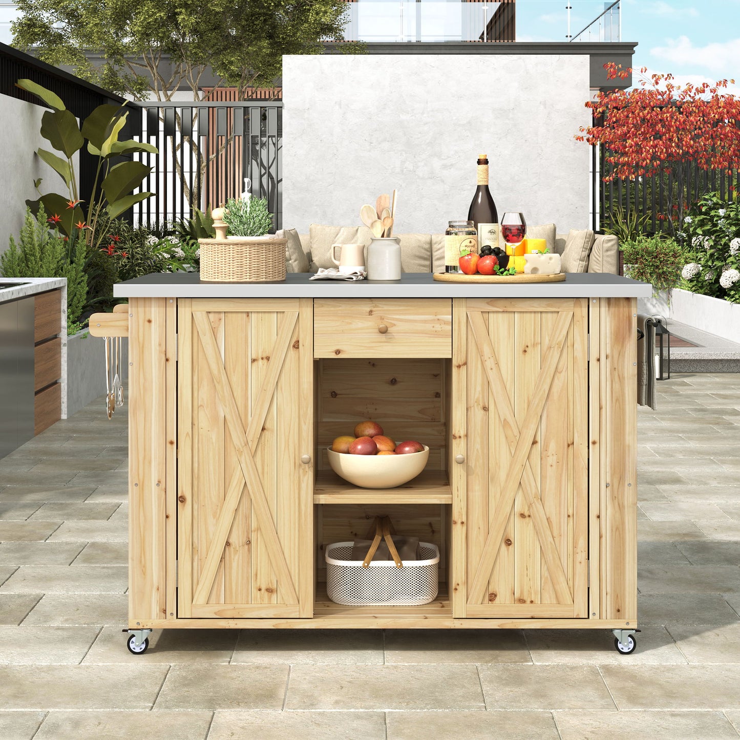 Outdoor Kitchen Island Fir Wood Kitchen Island With Stainless Steel Top, Ample Storage Space, Towel And Spice Racks And A Bottle Opener For Outdoor - Natural