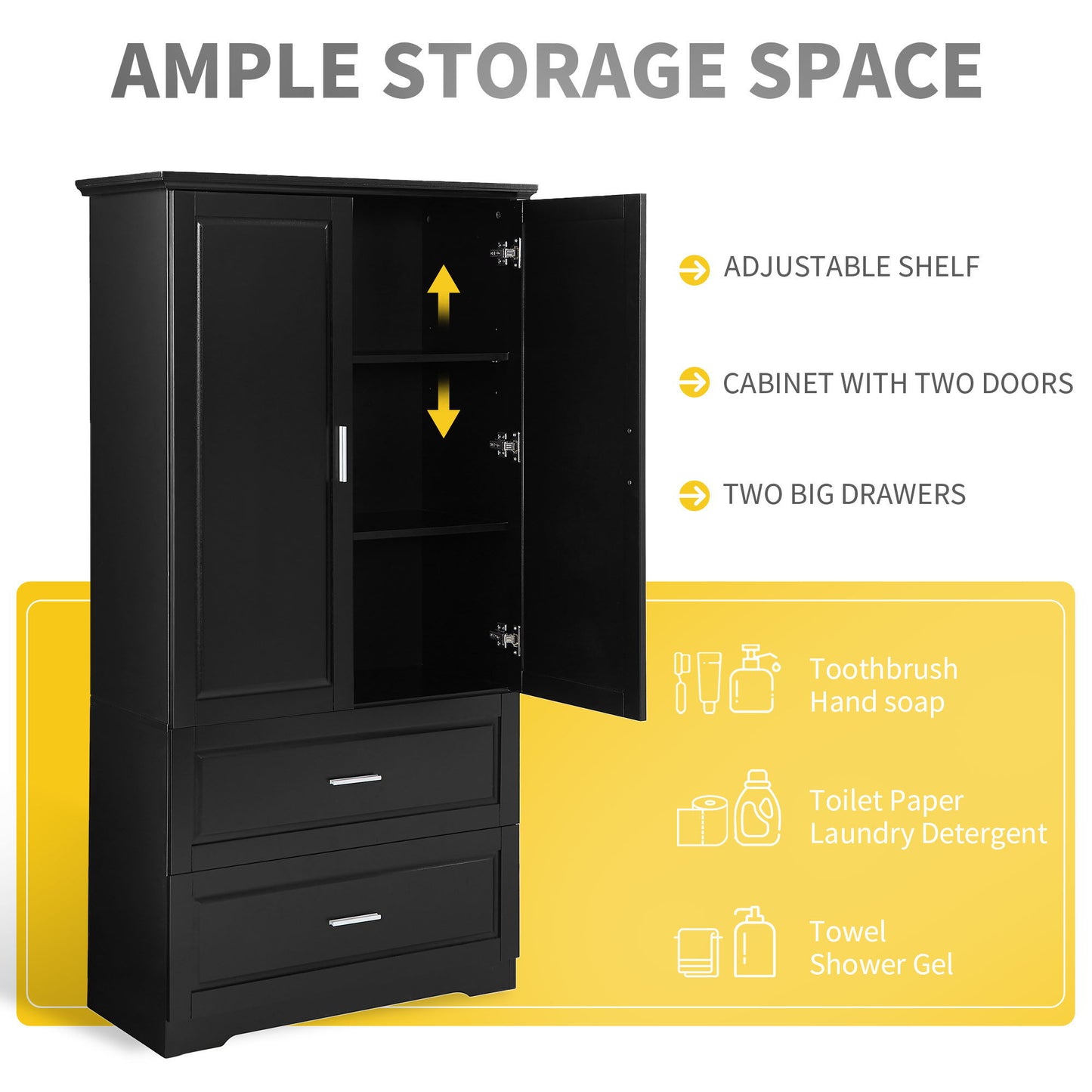 Tall Bathroom Storage Cabinet, Cabinet With 2 Doors And Drawers, Adjustable Shelf - Black
