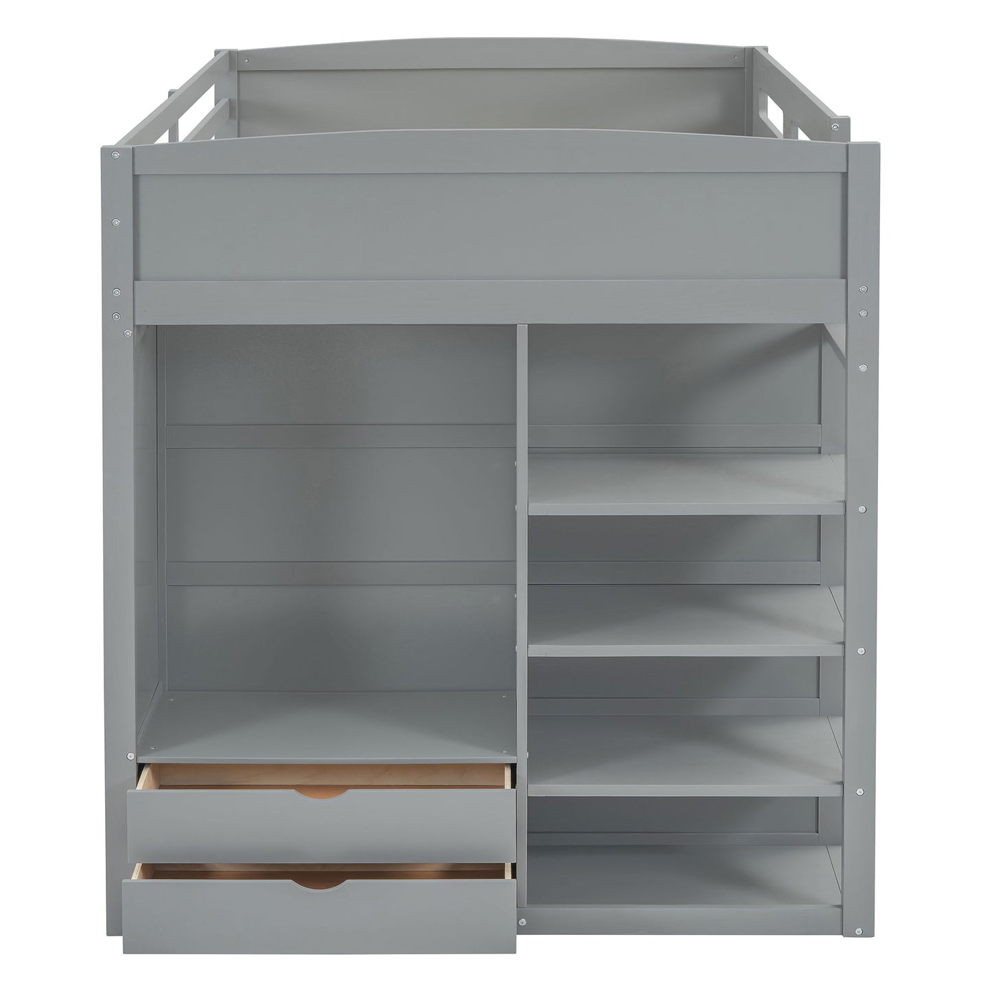 Full Size Loft Bed With Desk, Wardrobes, 4 Drawers And 4 Shelves - Gray