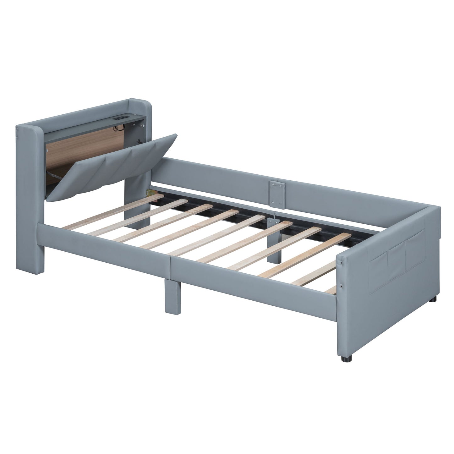 Queen & Twin Long Size Upholstered Platform Bed, Mother & Child Bed With Hydraulic Storage System, Drawer Box, Bedhead Storage Shelf And 2 Pairs Of Sockets & USB Ports - Gray