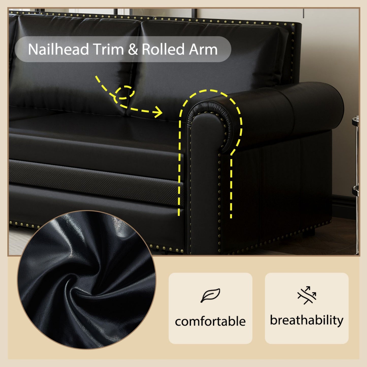 Pull Out Sofa Bed, 3 In 1 Faux Leather Convertible Sleeper Sofa With Nailhead Trim & Rolled Arm Multifunctional Sofa Bed For Living Room - Black