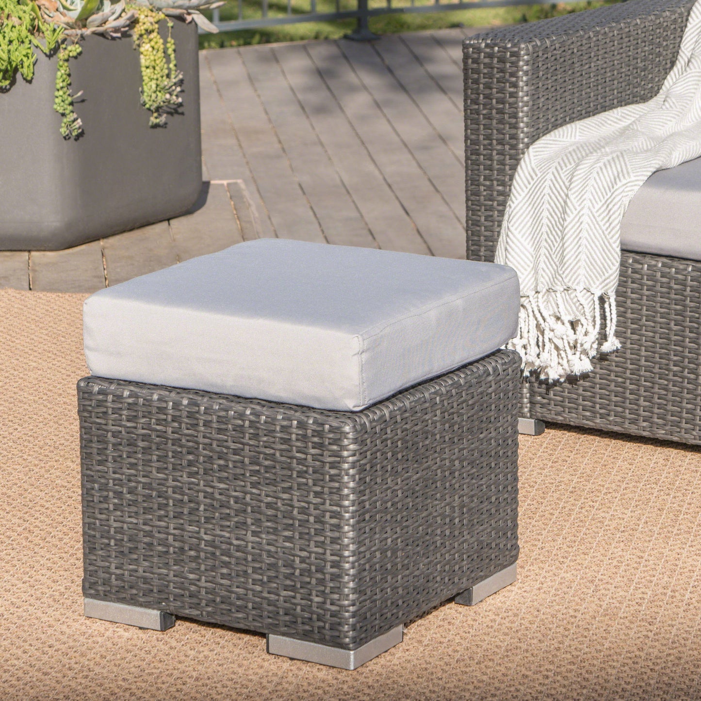 Santa Rosa - Outdoor Lounge Ottoman Rattan Waterproof Fabric - Gray / Silver