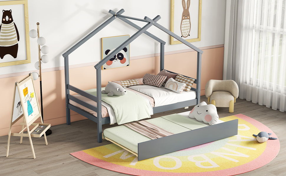 Twin Size House-Shaped Bed With Trundle - Gray
